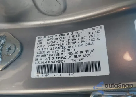 2008 Honda Cr-V Ex-L из США, поврежденный, VIN JHLRE48748C078327